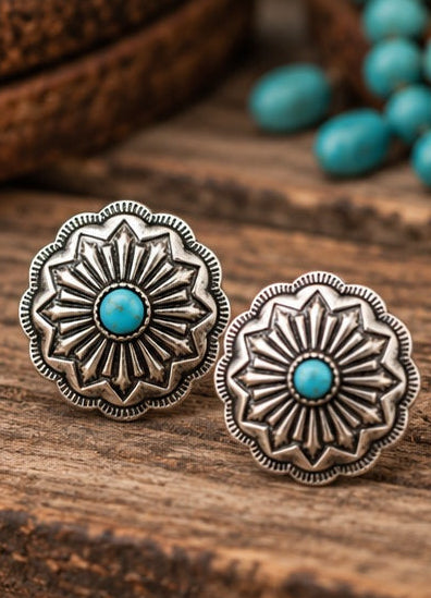Western Faux Turquoise Concho Stud Earrings