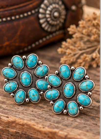 Western Faux Turquoise Cluster Statement Earrings