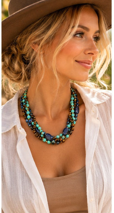 Tiger Eye, Turquoise & Lapis Lazuli Triple-Strand Natural Stone Necklace