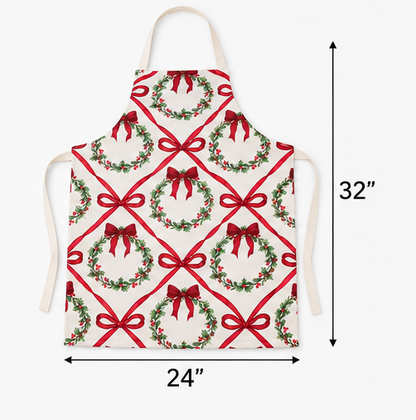 Christmas Wreath and Ribbon Bow Cotton Apron