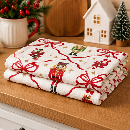 Christmas Nutcracker & Ribbon Bow Kitchen Towel Set — 2 Pack