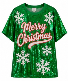 Merry Christmas Snowflake Sequin Party Shirt | Festive Holiday Sparkle