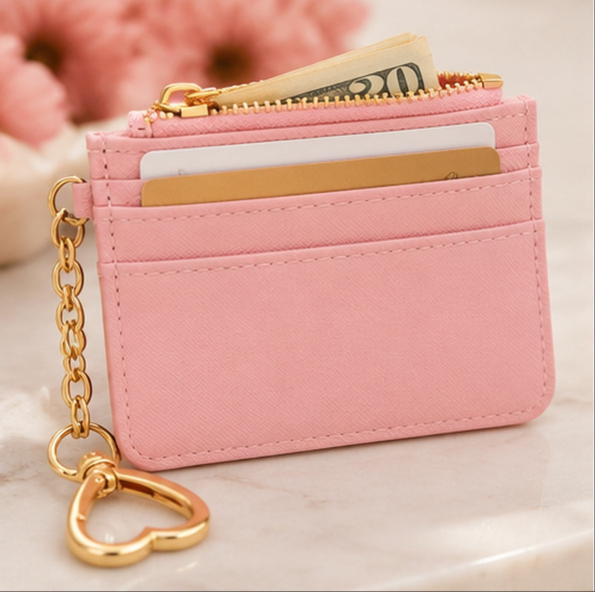 Slim Card Holder Wallet with Zipper Pocket and Heart Keyring
