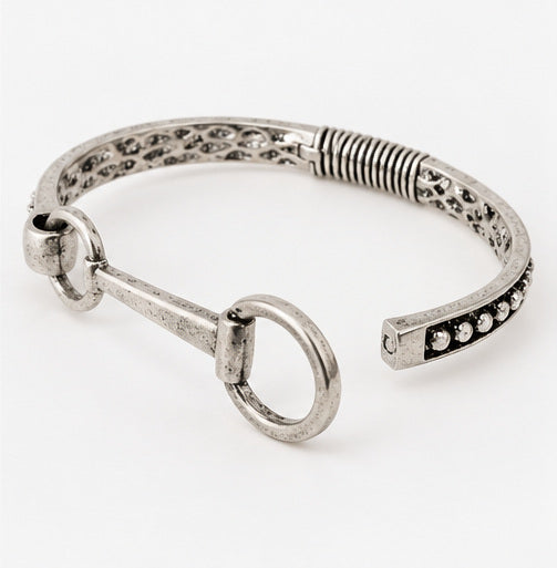 Rustic Horsebit Hinged Bangle Bracelet – Oxidized Silver-Tone Equestrian Jewelry