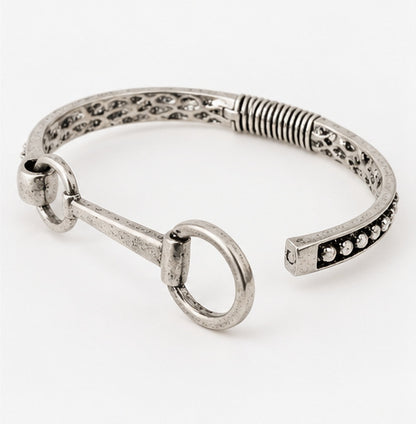 Rustic Horsebit Hinged Bangle Bracelet – Oxidized Silver-Tone Equestrian Jewelry