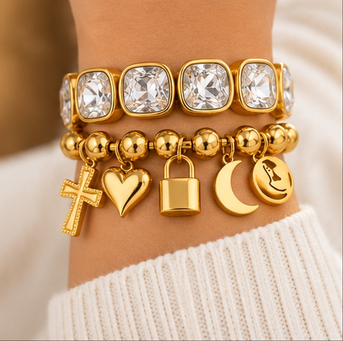 Golden Hour Crystal & Charm Bracelet Stack | 2-Piece Set