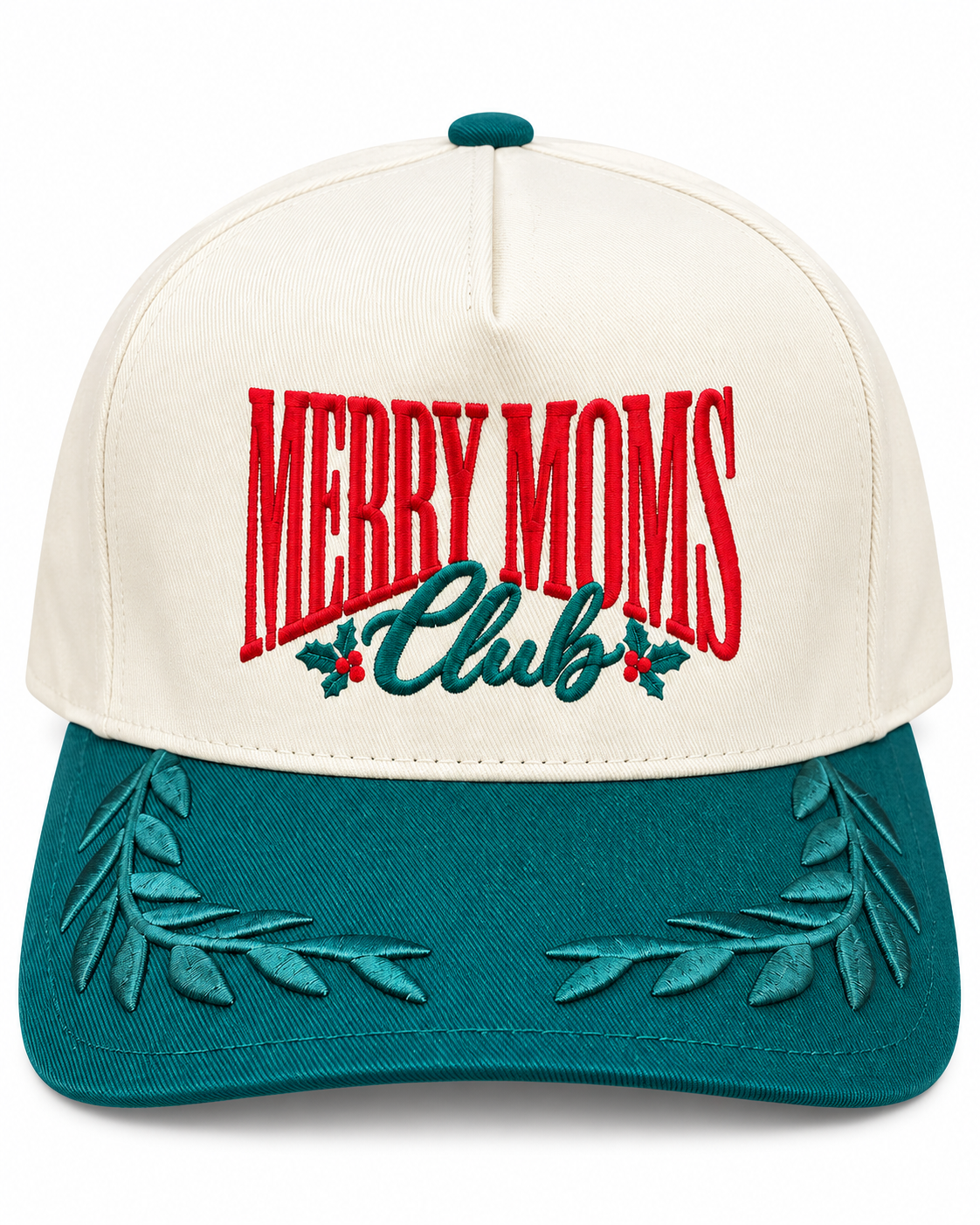 Merry Moms Club Embroidered Christmas Hat – Green Leaf Brim Snapback