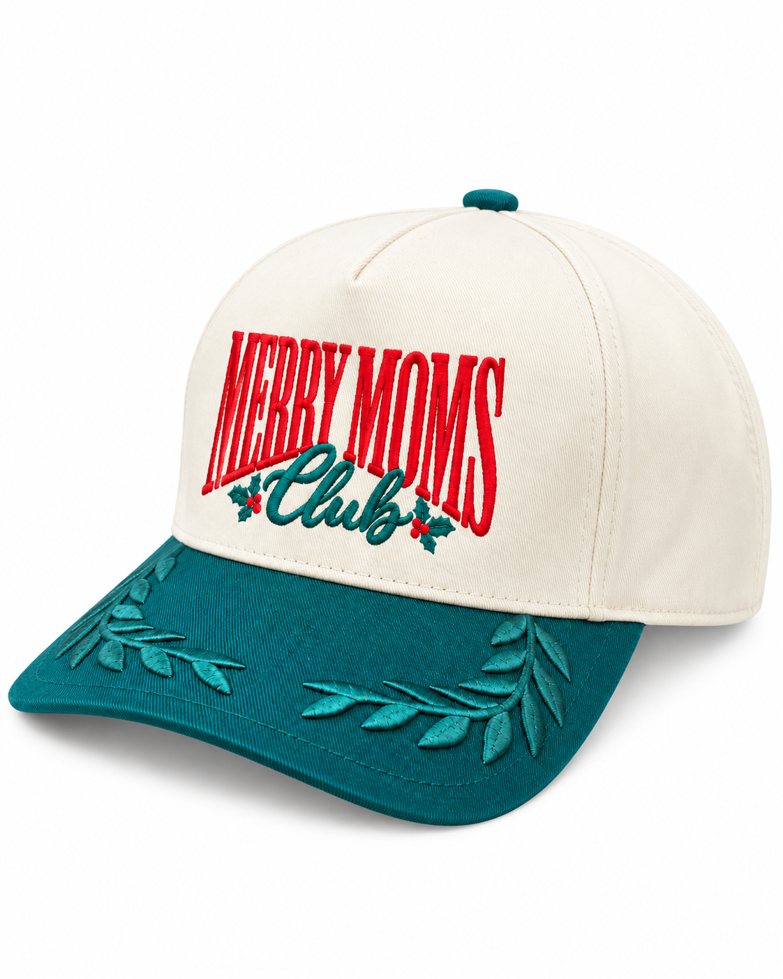 Merry Moms Club Embroidered Christmas Hat – Green Leaf Brim Snapback