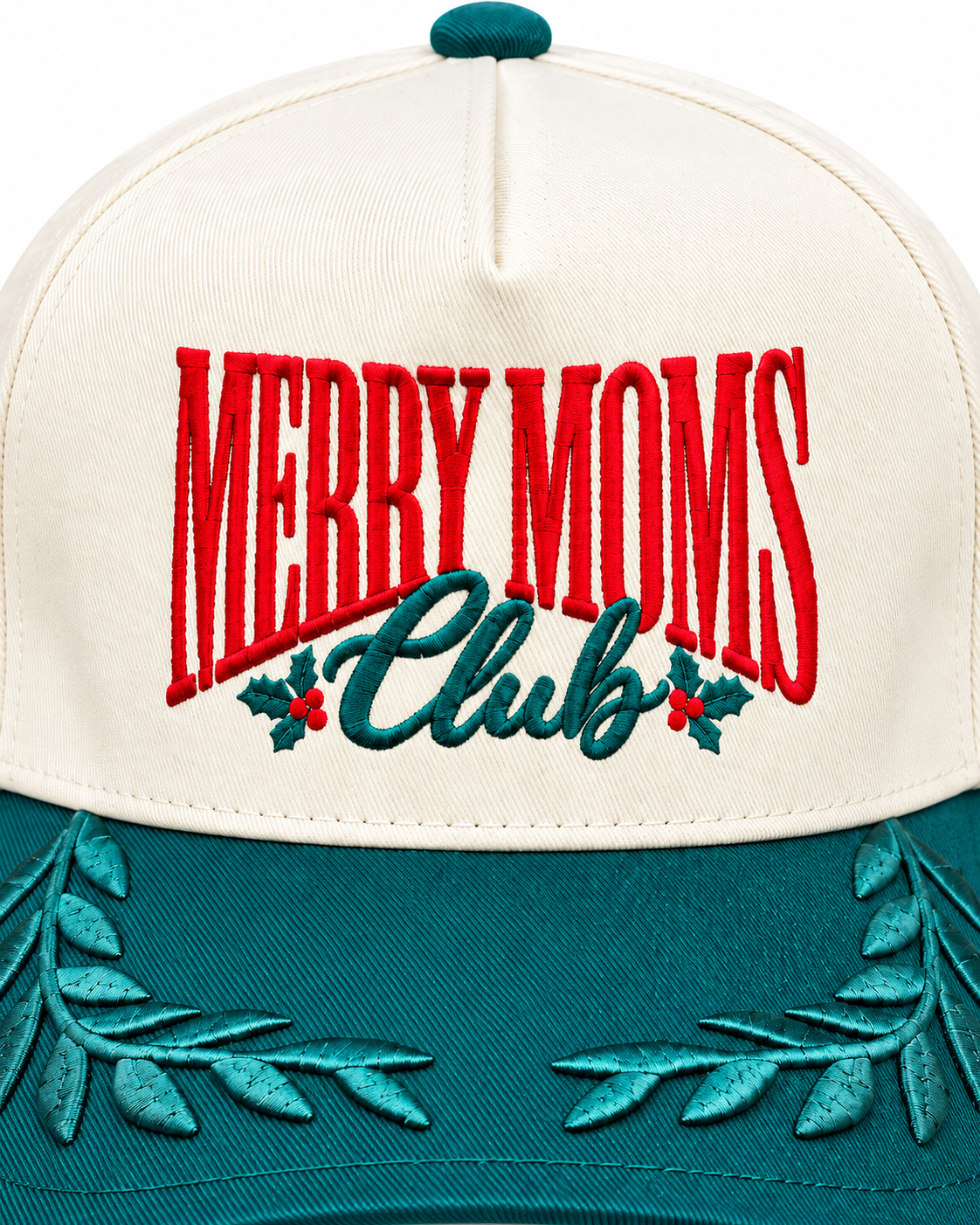 Merry Moms Club Embroidered Christmas Hat – Green Leaf Brim Snapback