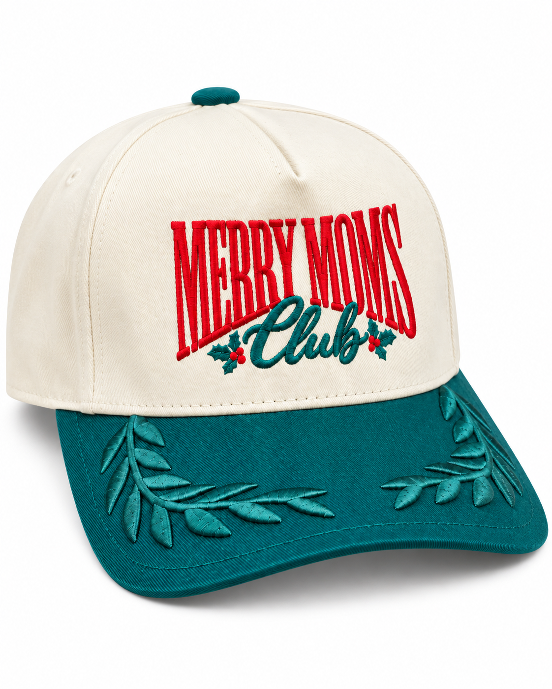 Merry Moms Club Embroidered Christmas Hat – Green Leaf Brim Snapback