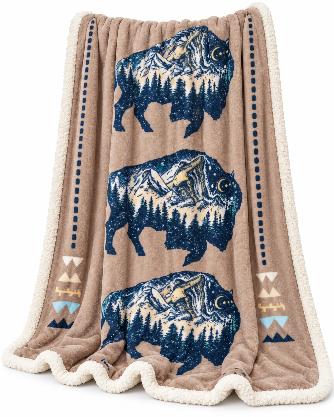 A beige fleece throw blanket with a sherpa trim, featuring three large blue and white bison prints with mountain and pine forest designs inside. The blanket also has decorative geometric patterns on the sides.