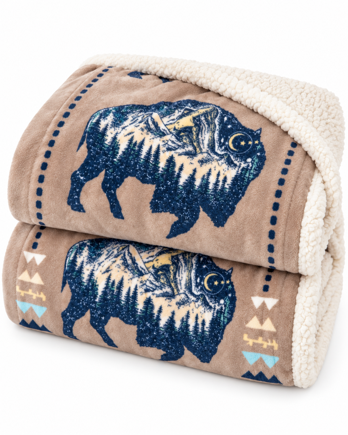 A folded sherpa fleece blanket with a beige background, featuring a large blue bison graphic and Southwestern-style geometric patterns, set against a plain white background.