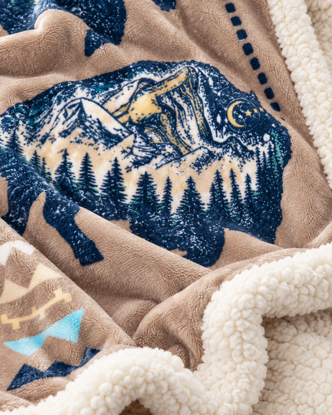 Close-up of a plush fleece blanket with a tan background, a large dark blue buffalo silhouette printed with a mountain and forest scene, and a cream sherpa lining.