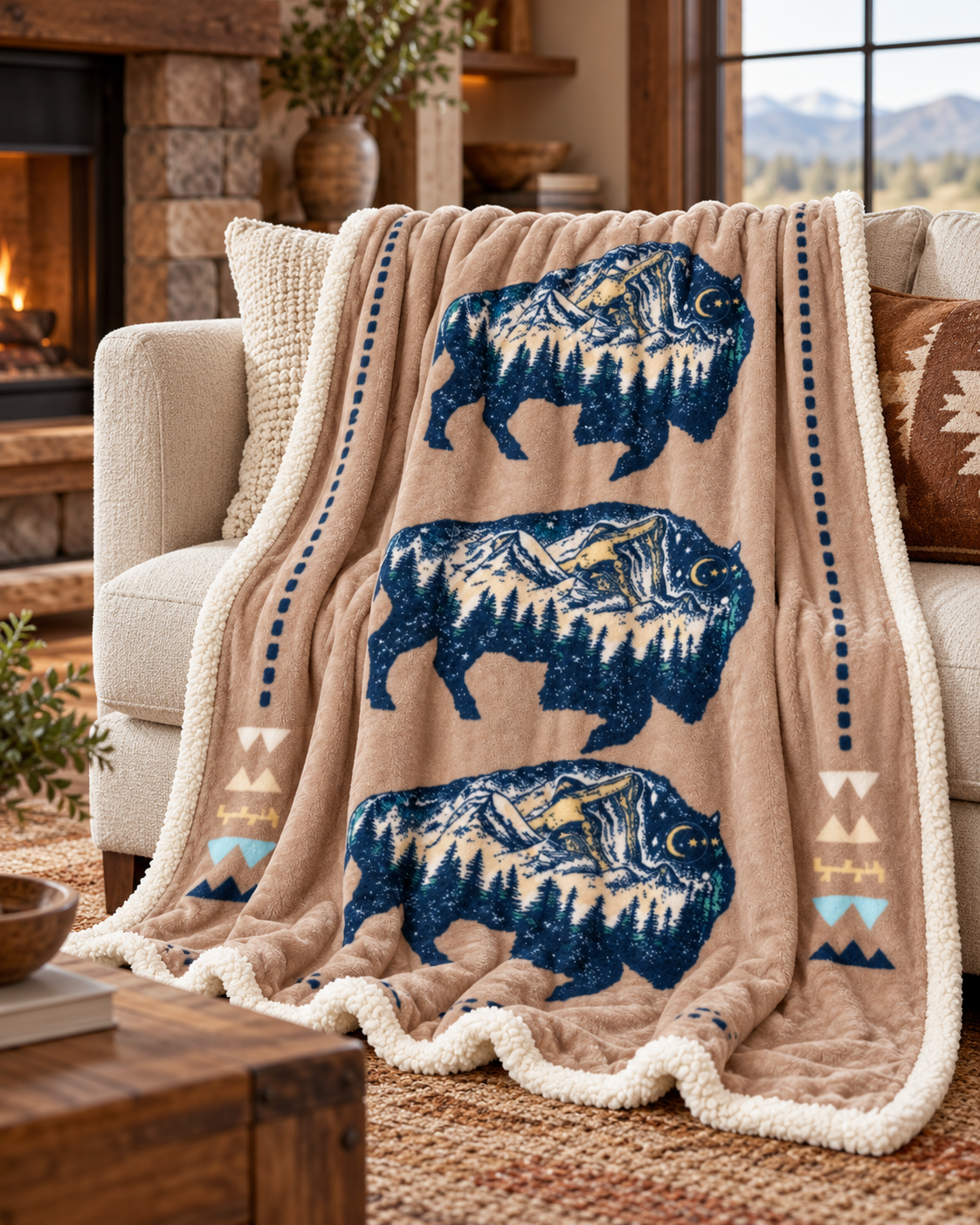 A beige sherpa throw blanket draped over a cream sofa in a cozy living room. The blanket features three large blue buffalo designs with white and yellow details, bordered by geometric patterns and a fluffy cream fringe.