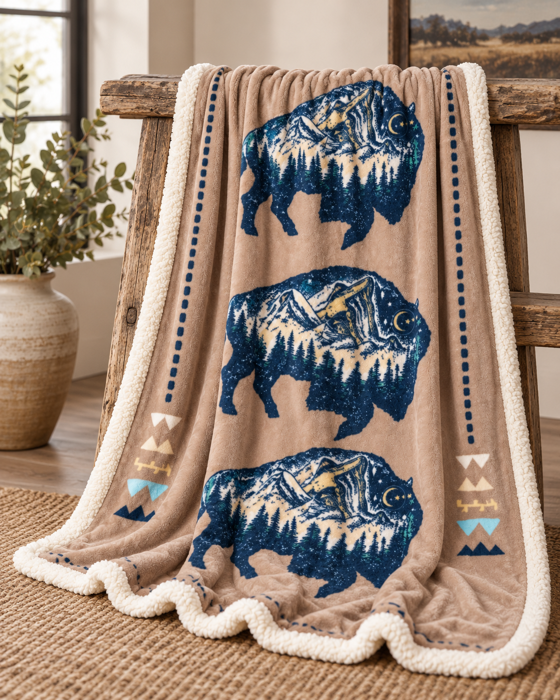 A beige throw blanket draped over a rustic wooden bench, featuring three blue bison motifs with white mountain silhouettes and small geometric accents. The blanket has a thick cream sherpa border and is styled in a warm, rustic interior setting.