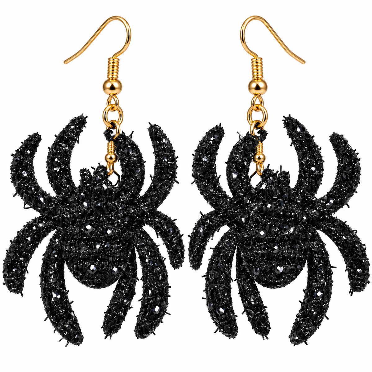A pair of black spider-shaped dangling earrings with gold fishhook ear wires, shown on a plain white background.