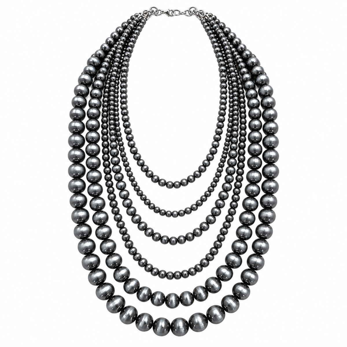 A multi-strand statement necklace featuring large, dark gray to black freshwater pearls with a metallic sheen, arranged in five cascading layers on a solid white background.