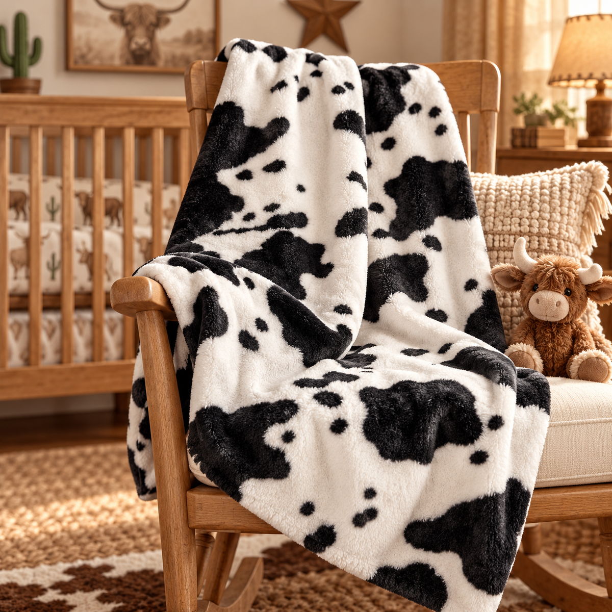 A plush black and white cow-print throw blanket draped over a wooden rocking chair in a cozy nursery setting.