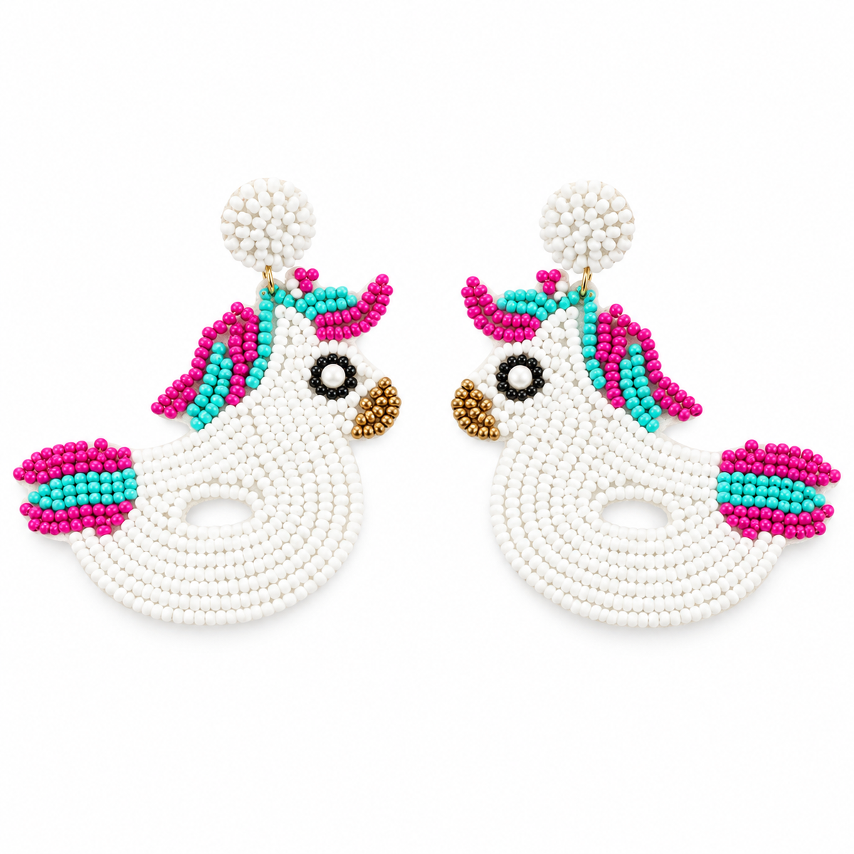 White Unicorn Pool Float Beaded Statement Earrings – Pink & Turquoise