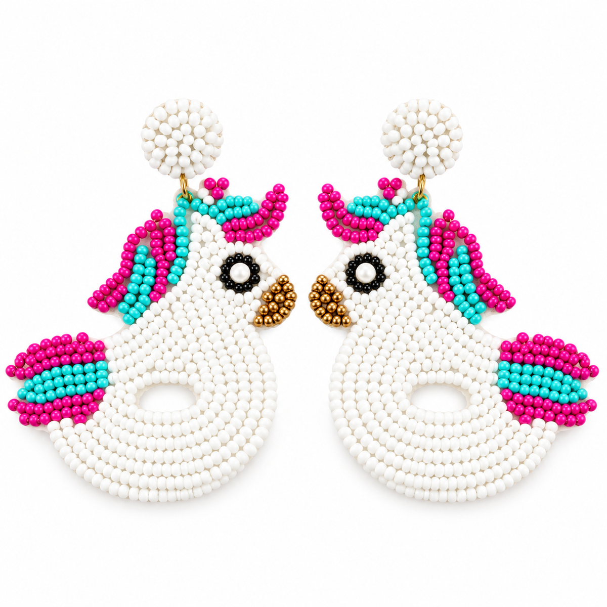 White Unicorn Pool Float Beaded Statement Earrings – Pink & Turquoise