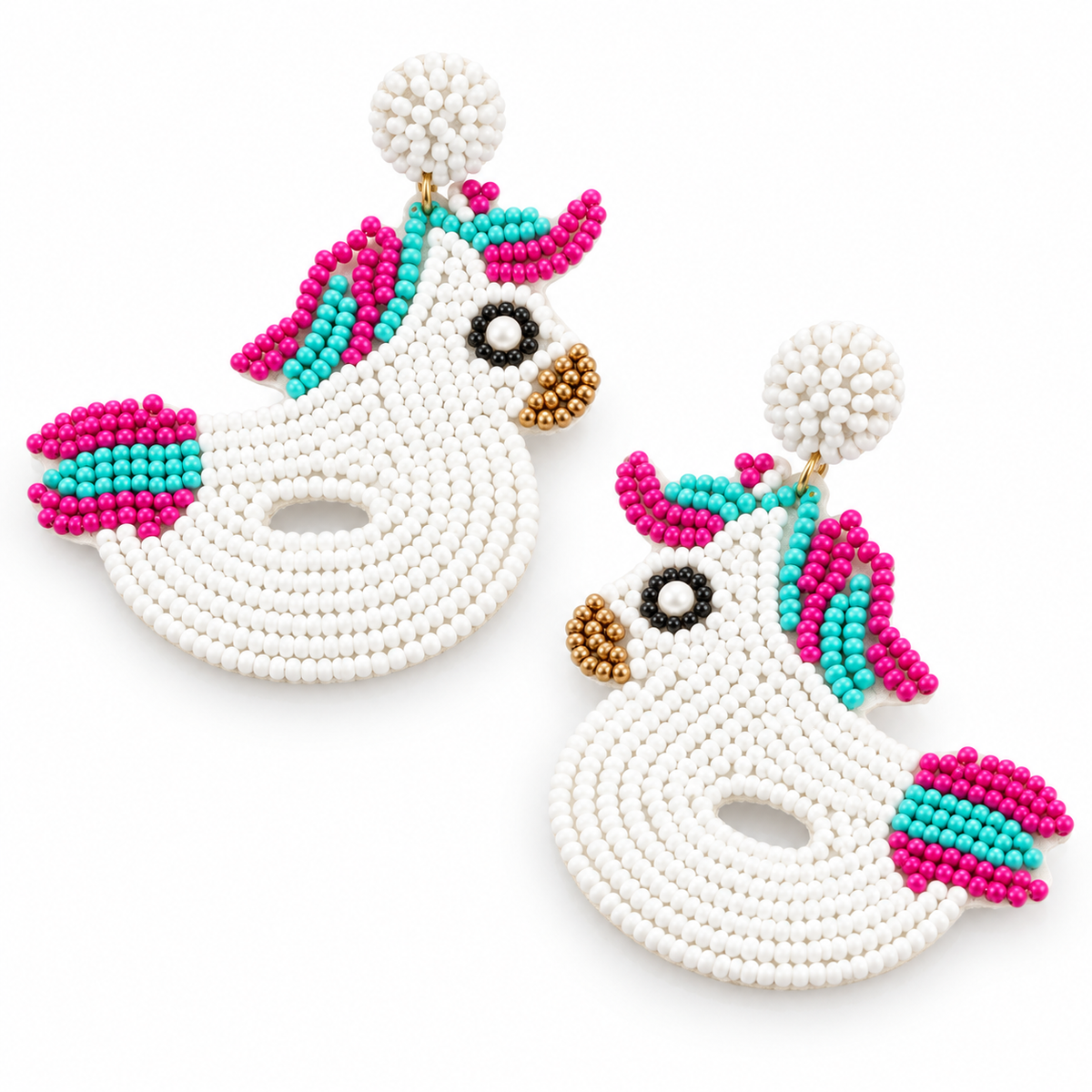 White Unicorn Pool Float Beaded Statement Earrings – Pink & Turquoise