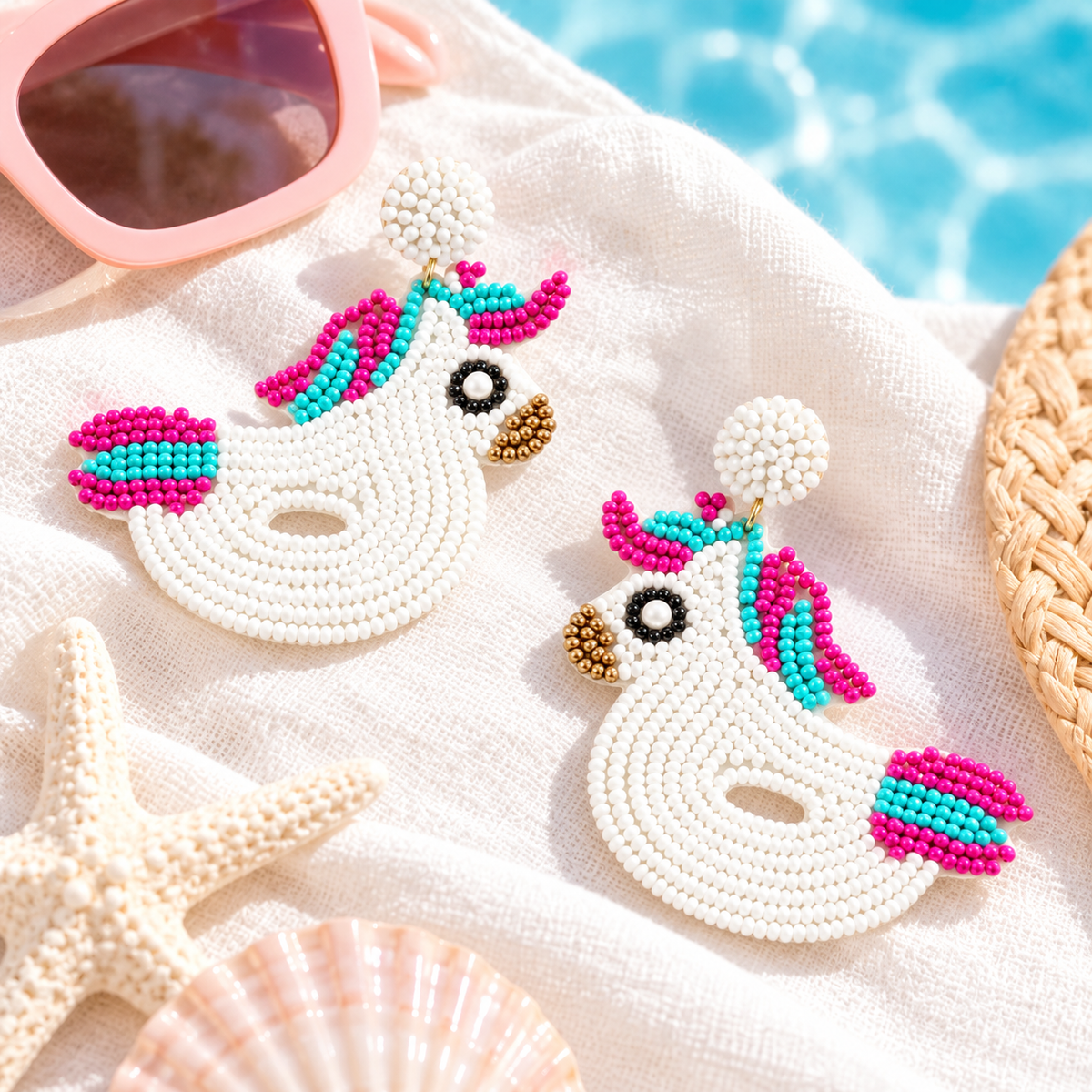 White Unicorn Pool Float Beaded Statement Earrings – Pink & Turquoise