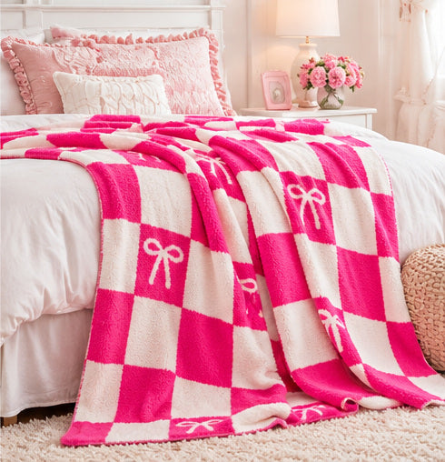 Bright Pink Checkerboard Bow Cozy Throw Blanket