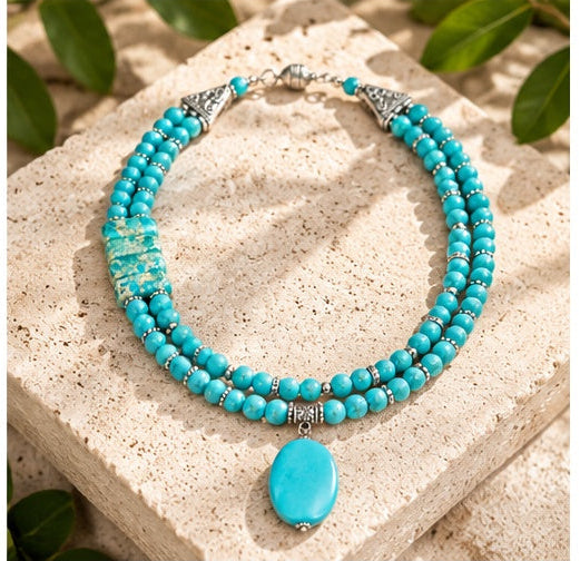 Handcrafted Turquoise Double-Strand Necklace with Oval Pendant