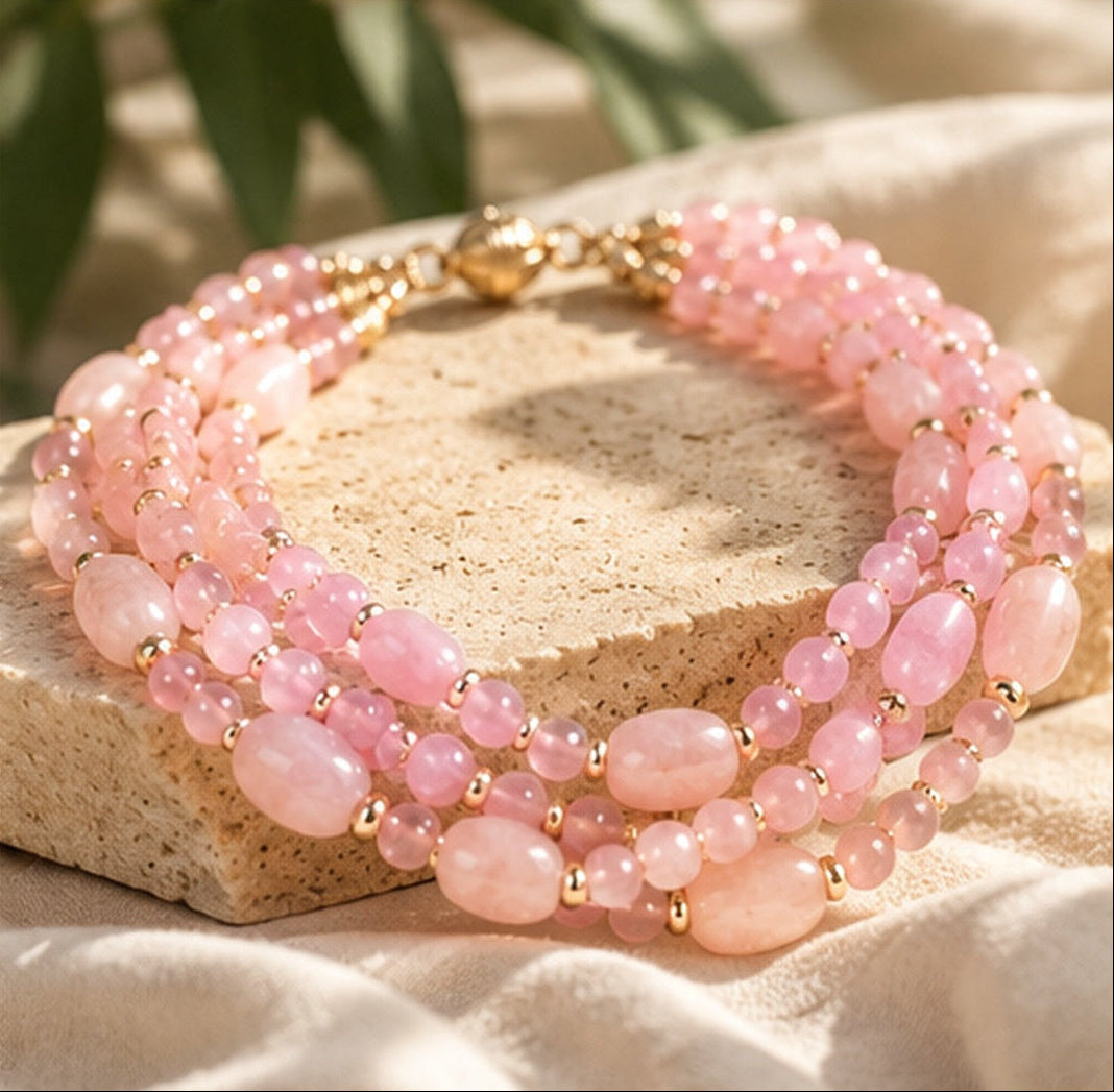 Rose Quartz Triple-Strand Natural Stone Necklace