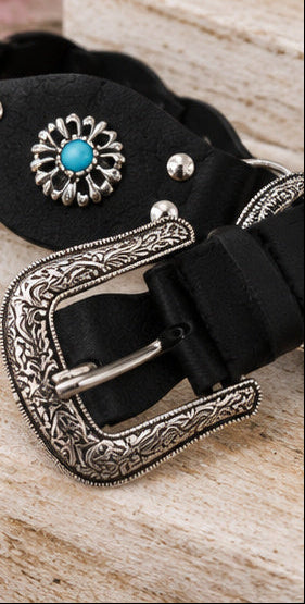 Western Turquoise-Tone Concho Belt – Black & Camel