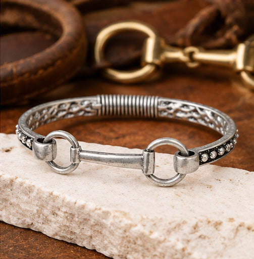 Rustic Horsebit Hinged Bangle Bracelet – Oxidized Silver-Tone Equestrian Jewelry