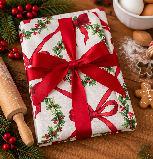 Christmas Wreath and Ribbon Bow Cotton Apron