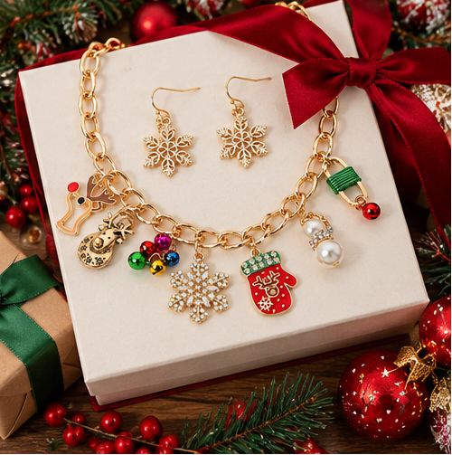 Christmas Charm Necklace &amp; Snowflake Earring Set