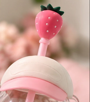 Strawberry Sweetheart Bear Glass Tumbler with Straw | Pink