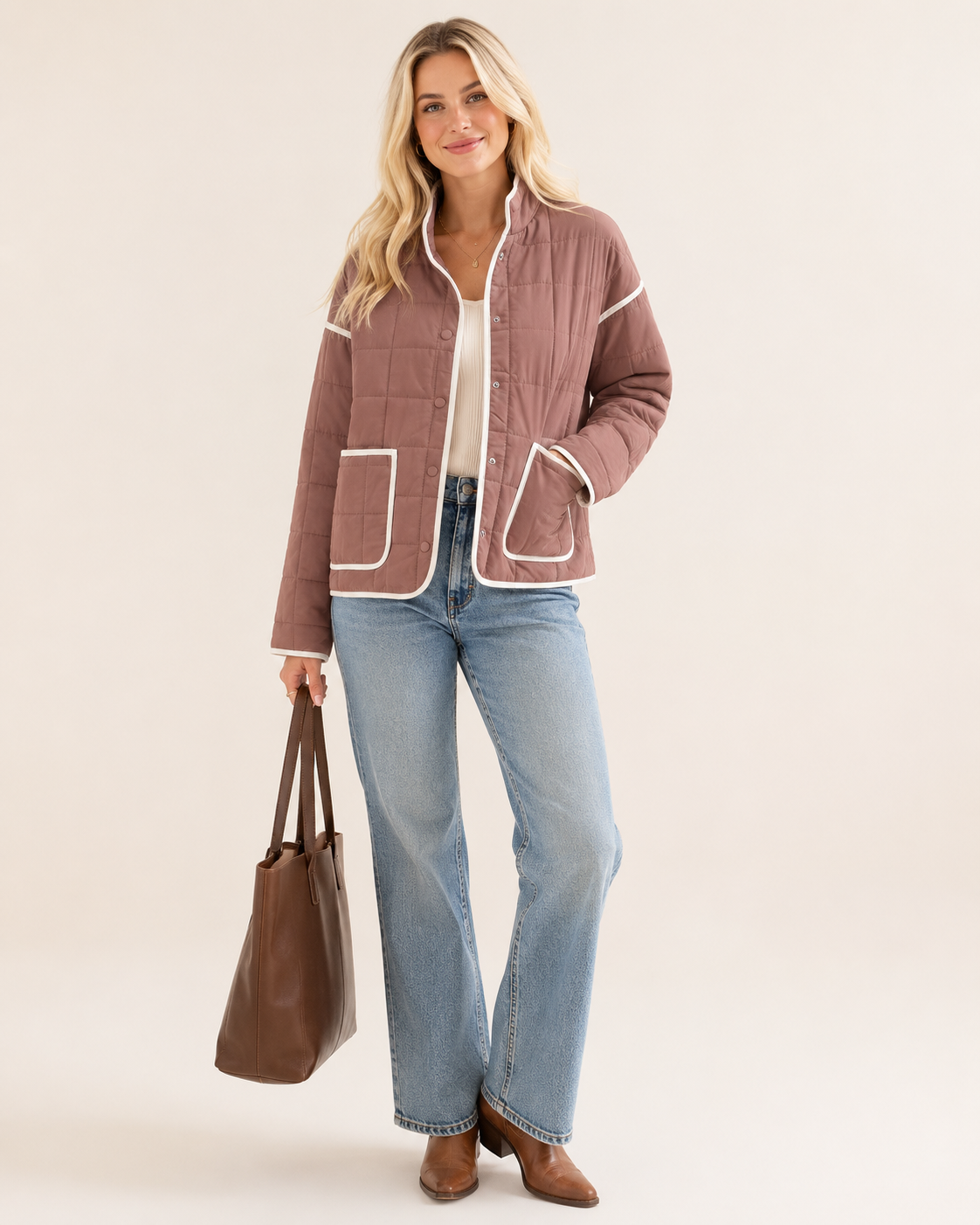 A woman models a dusty rose quilted jacket with white piping, paired with light blue jeans, brown boots, and a brown tote bag, against a solid light beige background.