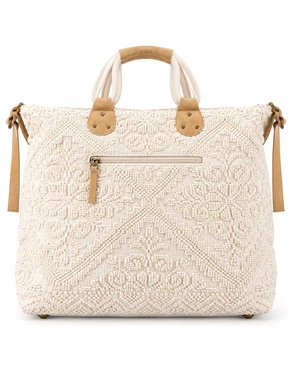 Back view of an ivory textured paisley tote bag featuring raised tufted embroidery, tan suede-look accents, double wrapped handles, brass-tone hardware, and an exterior zippered pocket against a white background.