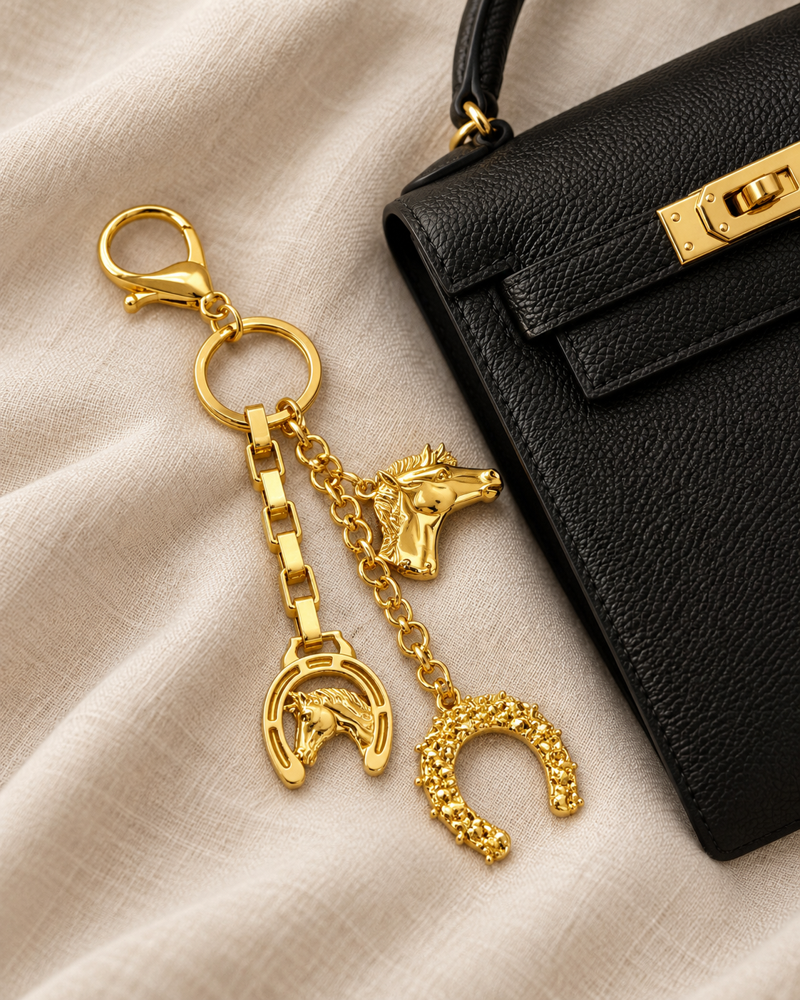 Golden Reins Equestrian Bag Charm | Horse & Horseshoe Charm