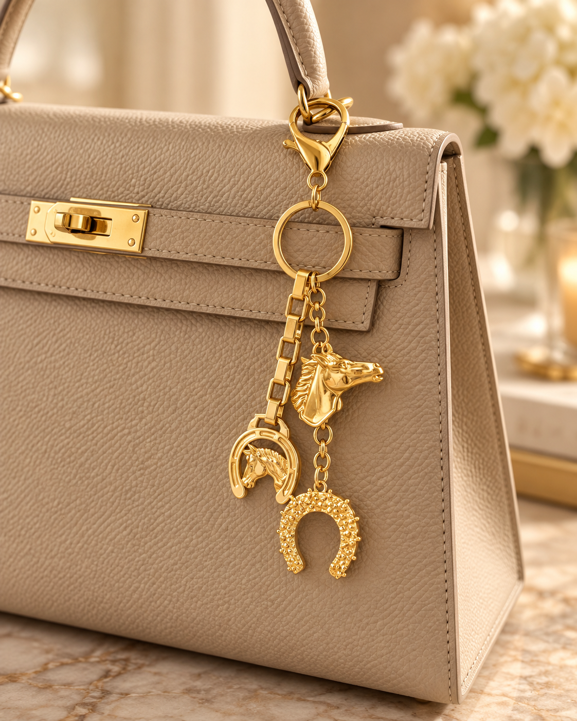 Golden Reins Equestrian Bag Charm | Horse & Horseshoe Charm