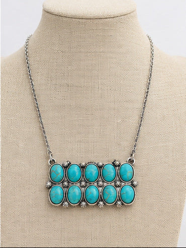 Western Rectangle Faux Turquoise Statement Necklace