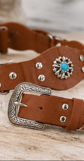 Western Turquoise-Tone Concho Belt – Black & Camel