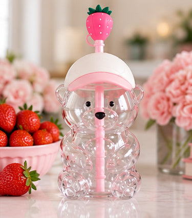 Strawberry Sweetheart Bear Glass Tumbler with Straw | Pink