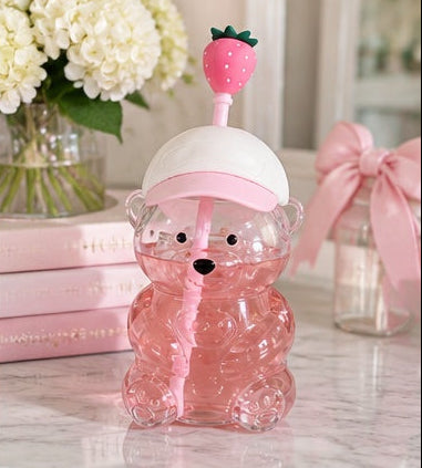 Strawberry Sweetheart Bear Glass Tumbler with Straw | Pink