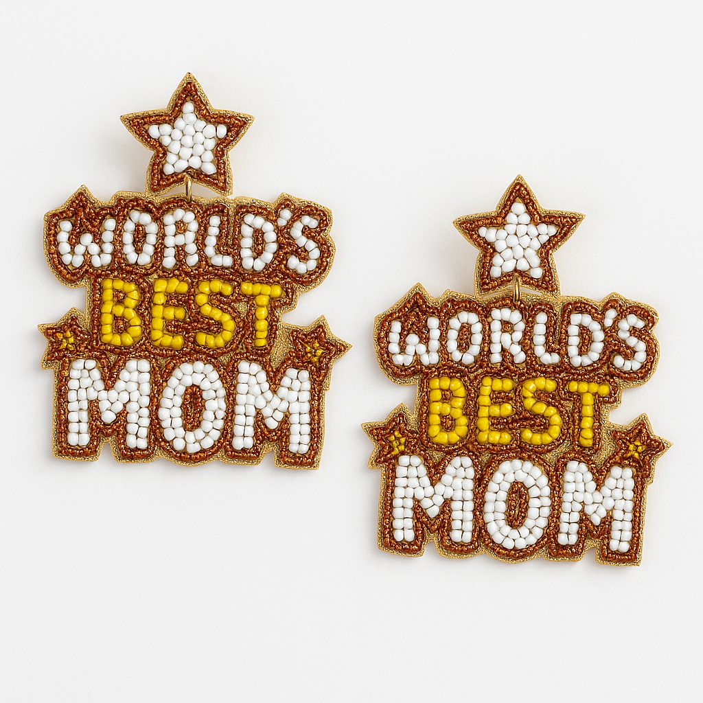Two decorative earrings with 'World's Best Mom' text on a white background