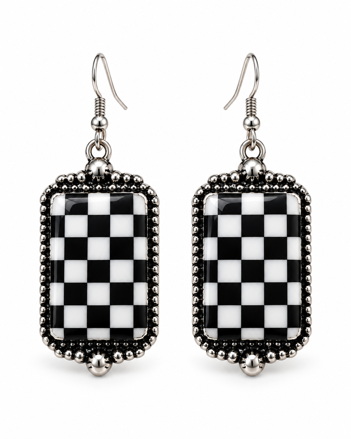Western Black & White Checkered Rectangle Drop Earrings