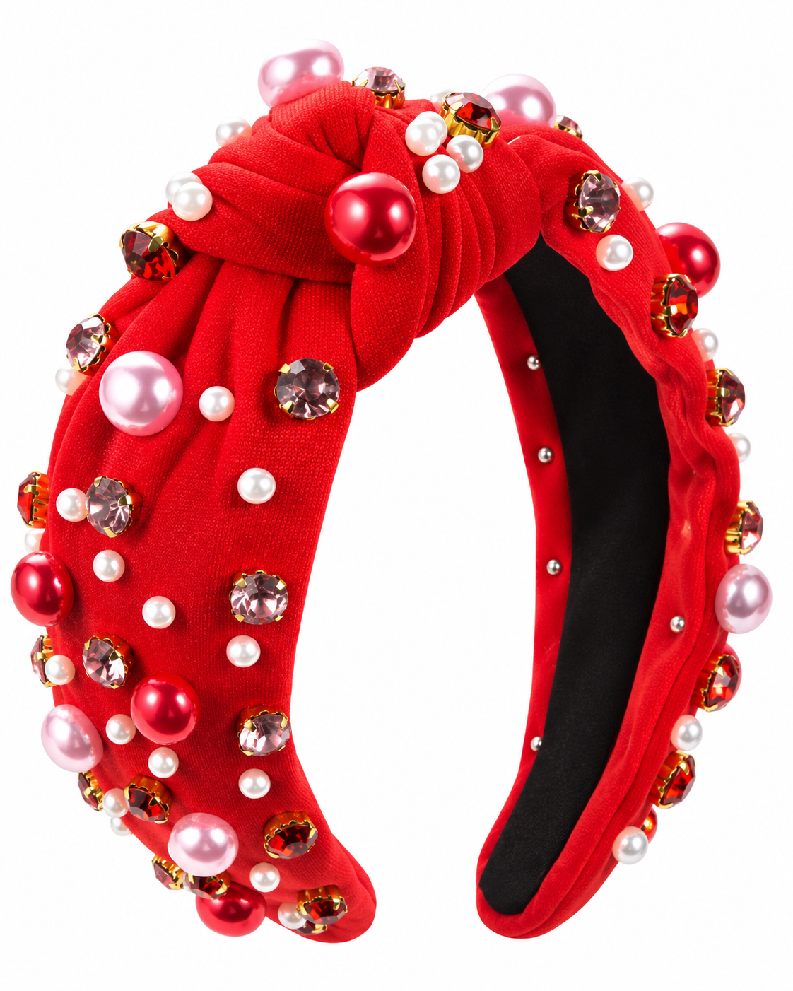 A Love Bomb Red Top Knot Headband – Faux Pearl & Rhinestone Embellished