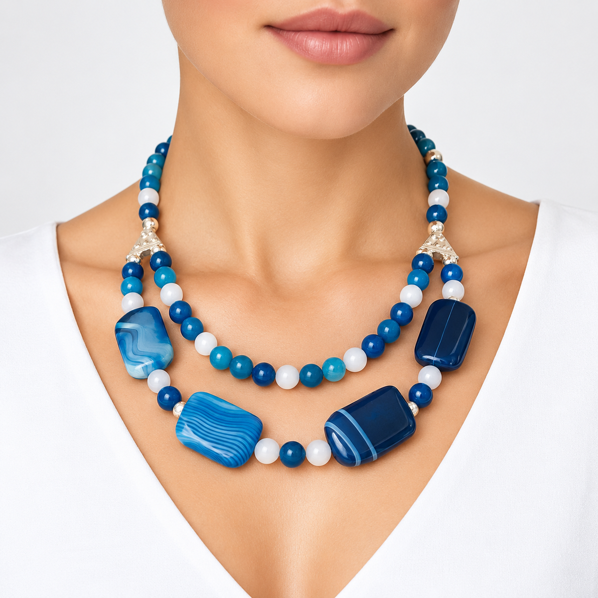 Blue Agate Gemstone Necklace & Bracelet Set
