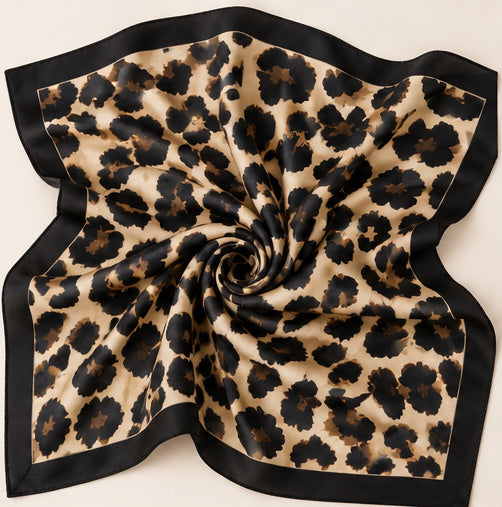Leopard Print Square Scarf – Black and Champagne