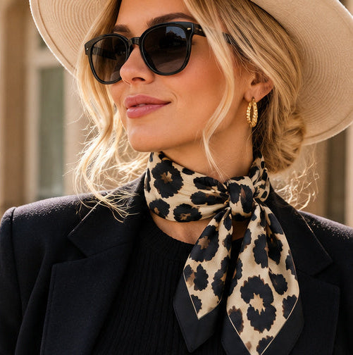 Leopard Print Square Scarf – Black and Champagne