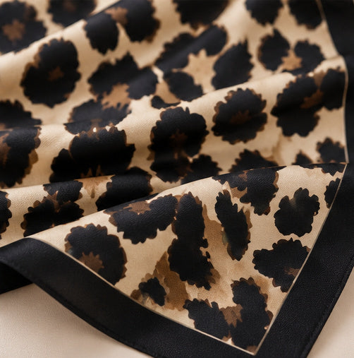 Leopard Print Square Scarf – Black and Champagne