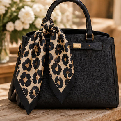 Leopard Print Square Scarf – Black and Champagne